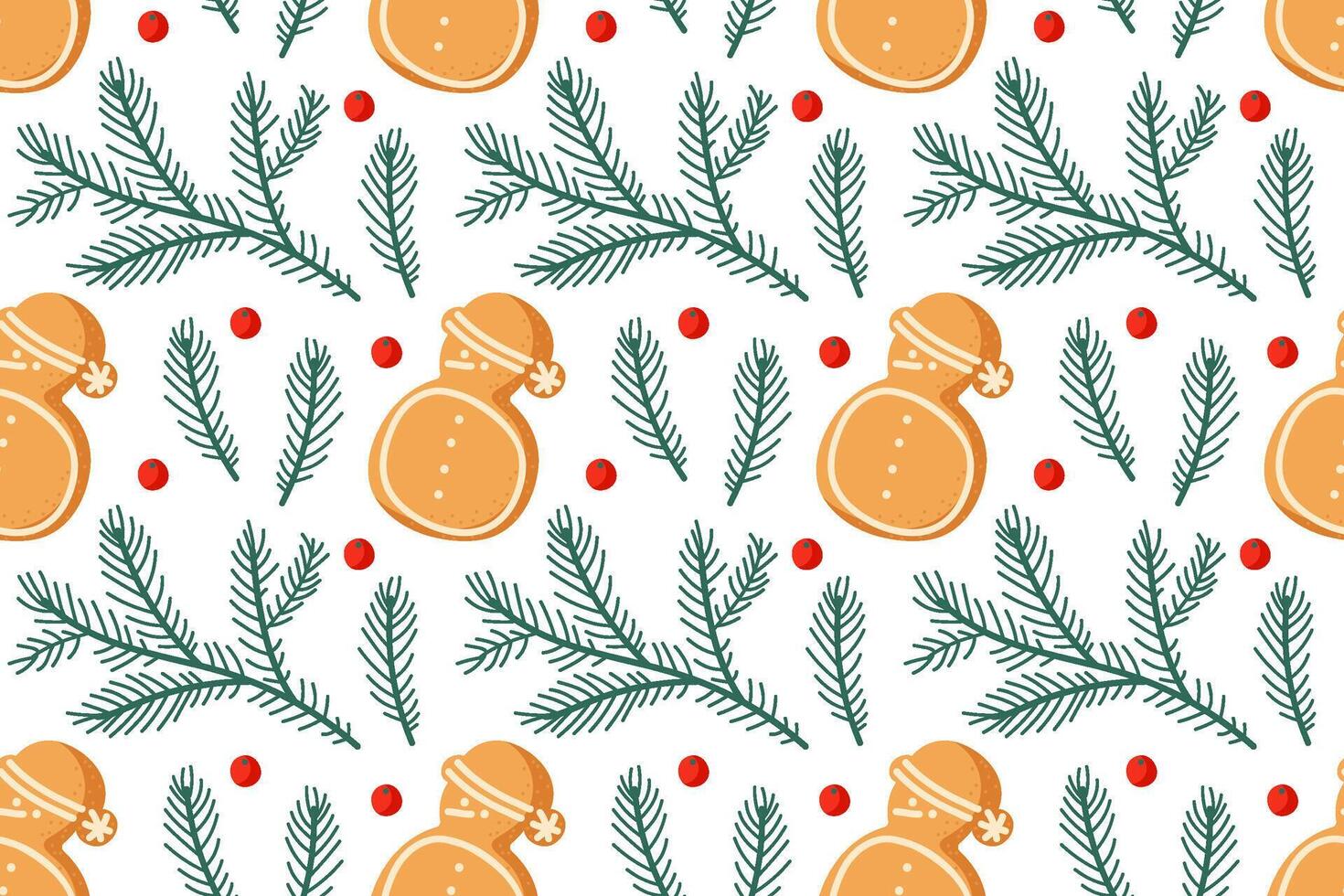 Festive pattern with orange ornaments, pine branches, and red berries for holiday cheer vector