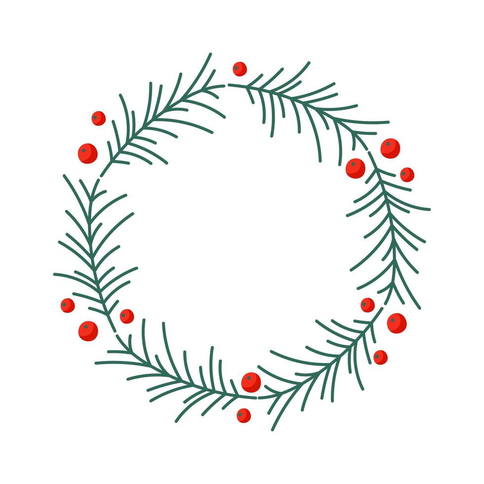 Simple festive wreath design featuring green pine branches and red berries for holiday decoration vector