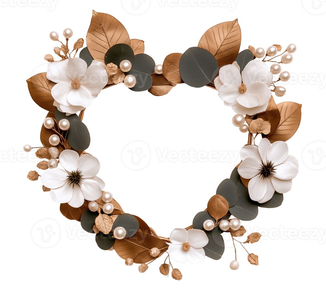Bronze and white floral heart wreath image isolated transparent. Rustic pearls wedding occasion. Romantic centerpiece cut out . Love theme decoration cutout object photography png