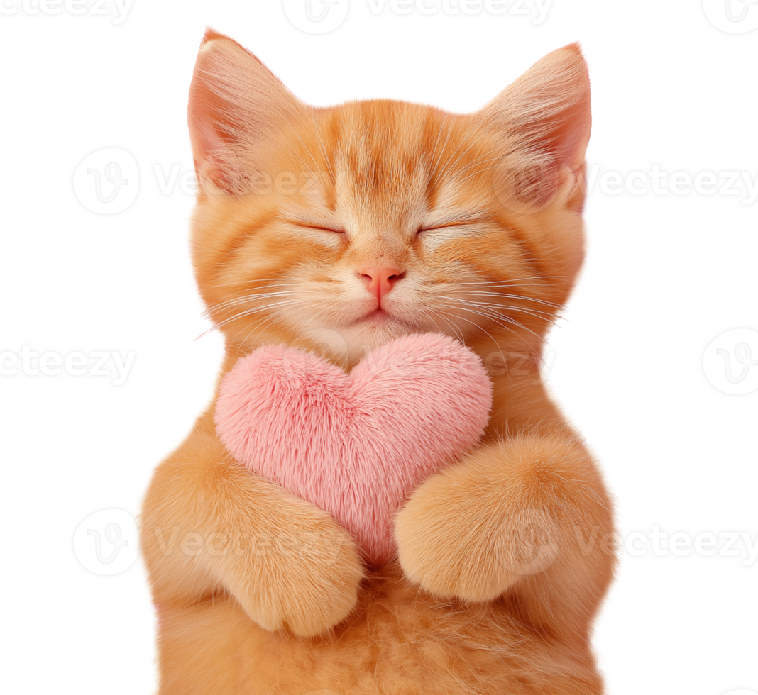 Sleeping orange kitten hugging pink heart pillow image isolated transparent. Animal love. Feline friend cut out . Valentines day celebration. Loving pet cutout photography png