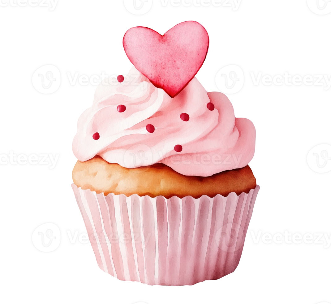 Cupcake with pink frosting sprinkles and topped heart transparent image. Valentine dessert isolated cutout. Watercolor style. Love celebration cut out clipart design element png
