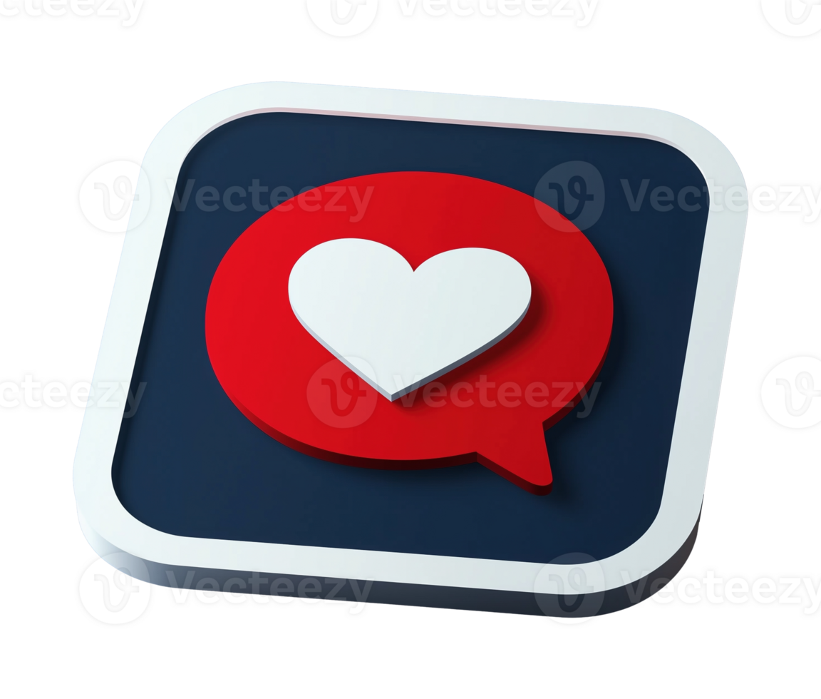 Love technology transparent image. Heart icon in speech bubble square button isolated cutout 3d render. Romantic communication. Dating app match cut out clipart design element png