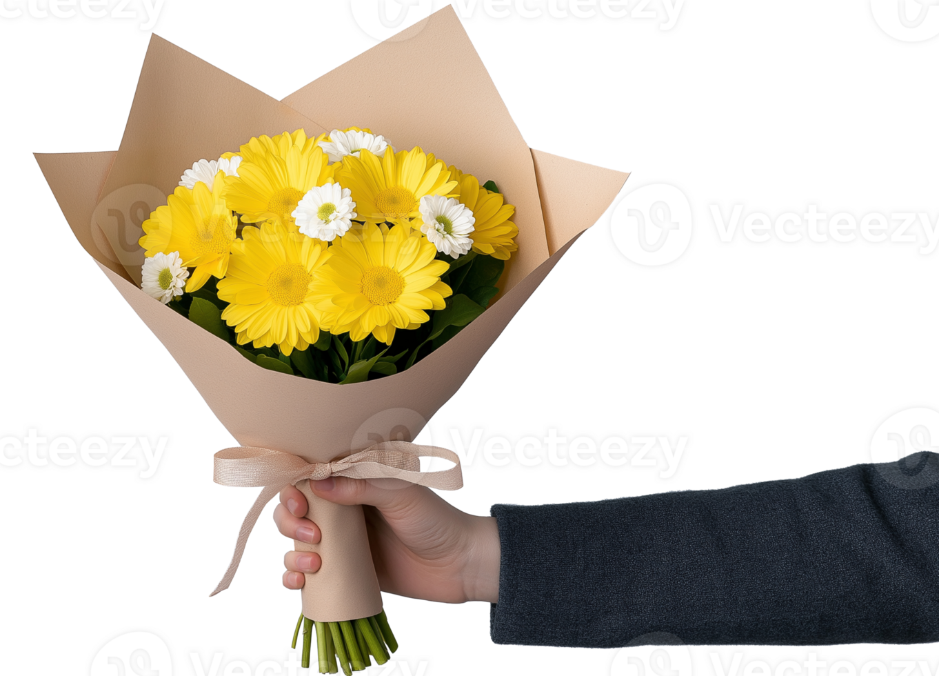 Yellow gerbera bouquet with ribbon in kraft paper image isolated transparent. Daisies, white blooms cut out . Elegant wrapping, rustic floral arrangement cutout photography png