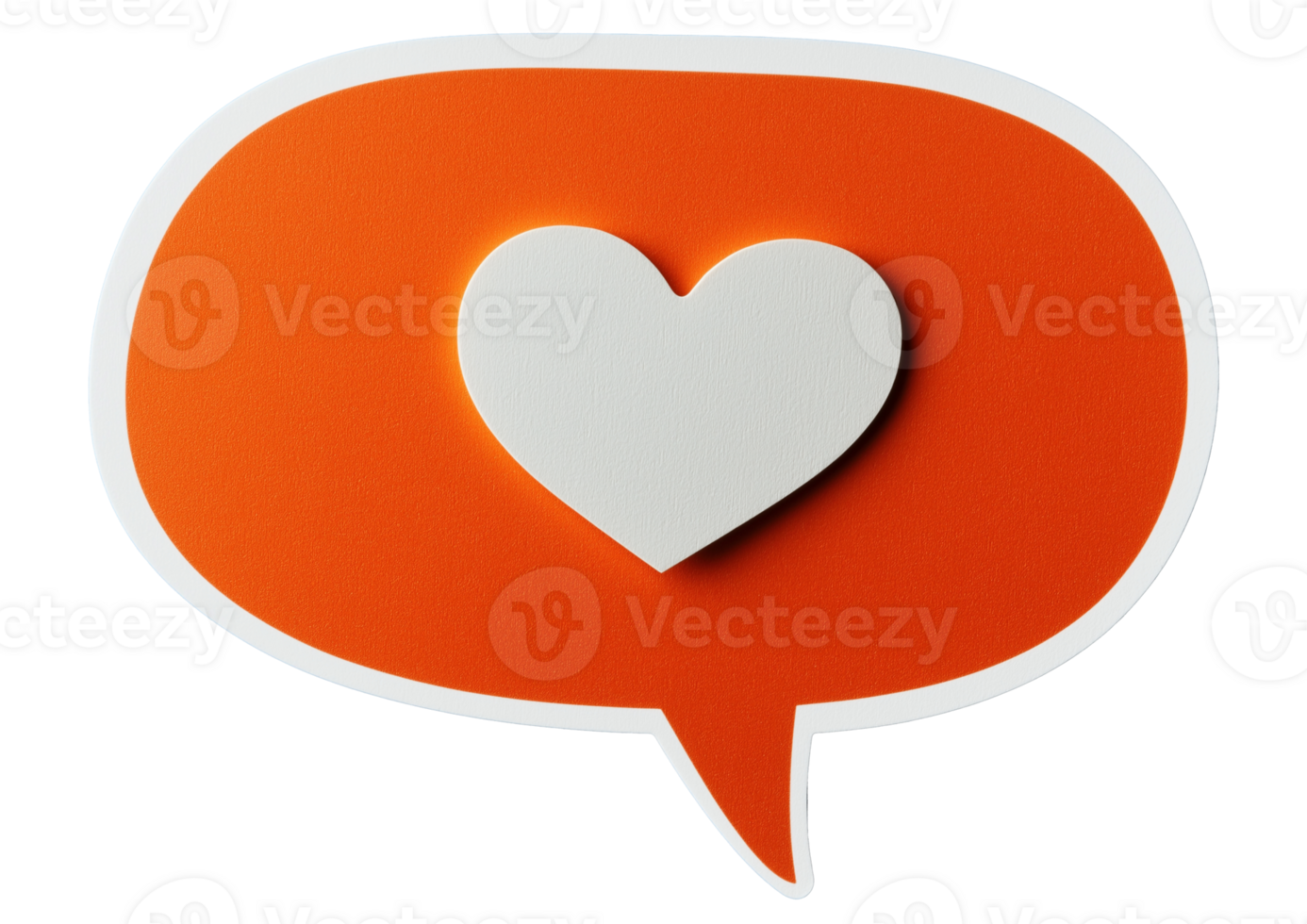 Orange speech bubble with white heart transparent image. Valentines social media love communication isolated cutout 3d render. Dating app match cut out clipart design element png