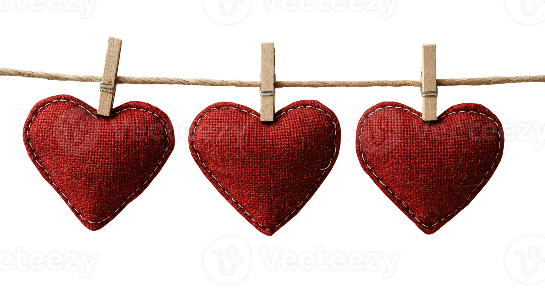 Three deep red burlap hearts hanging on rustic string image isolated transparent. Valentine garland cut out . Handmade decoration cutout element object photography png
