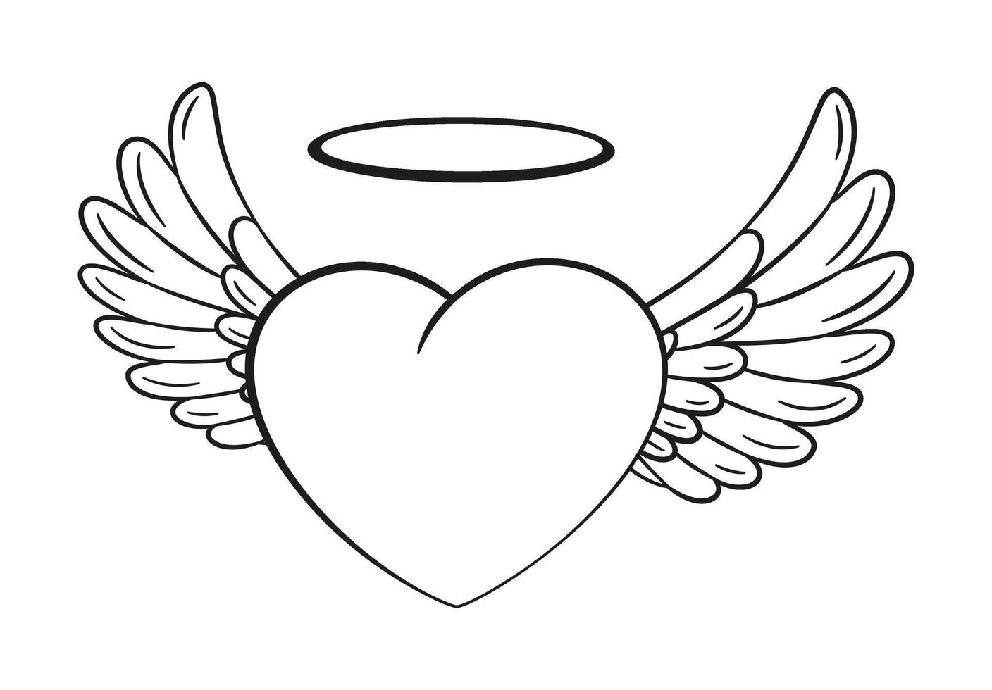 Flying heart with wings and halo doodle style Hand drawn black and white isolated logo cute flying heart. Angel heart with wings for web graphic design poster tattoo. Coloring page illustration vector