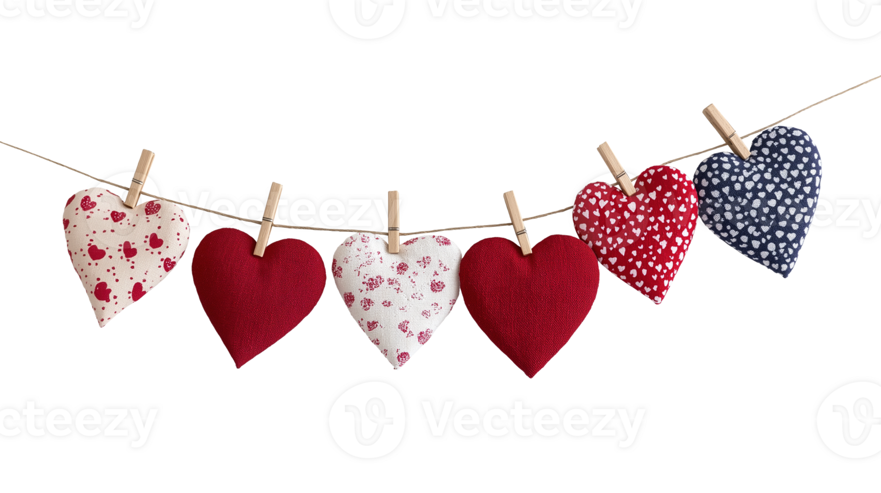 Fabric patterned hearts clipped on string with clothespins image isolated transparent. Valentine garland cut out . Handmade decoration cutout element object photography png