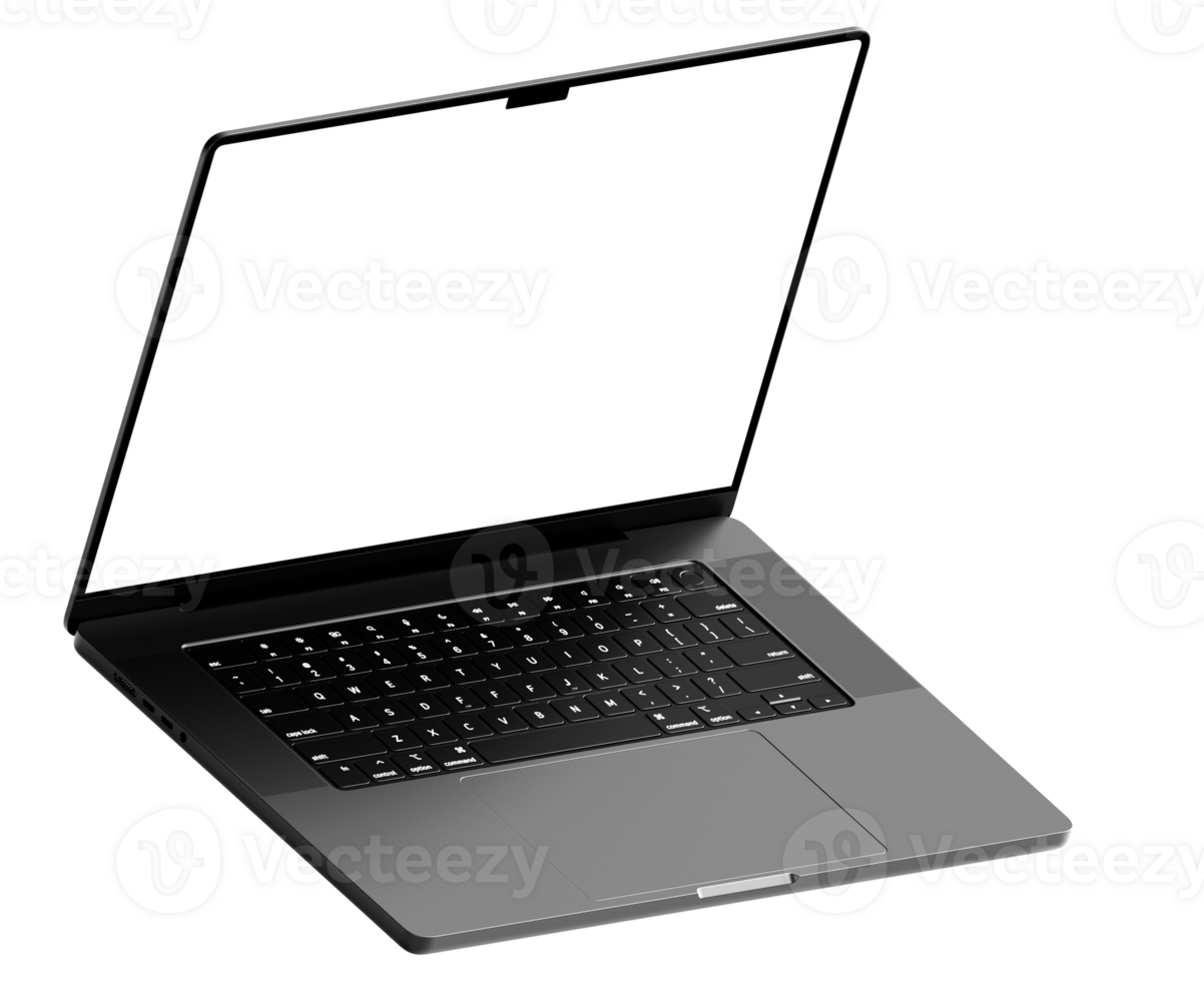 Black laptop mockup template. Transparent . Blank screen Frame only. Isometric png