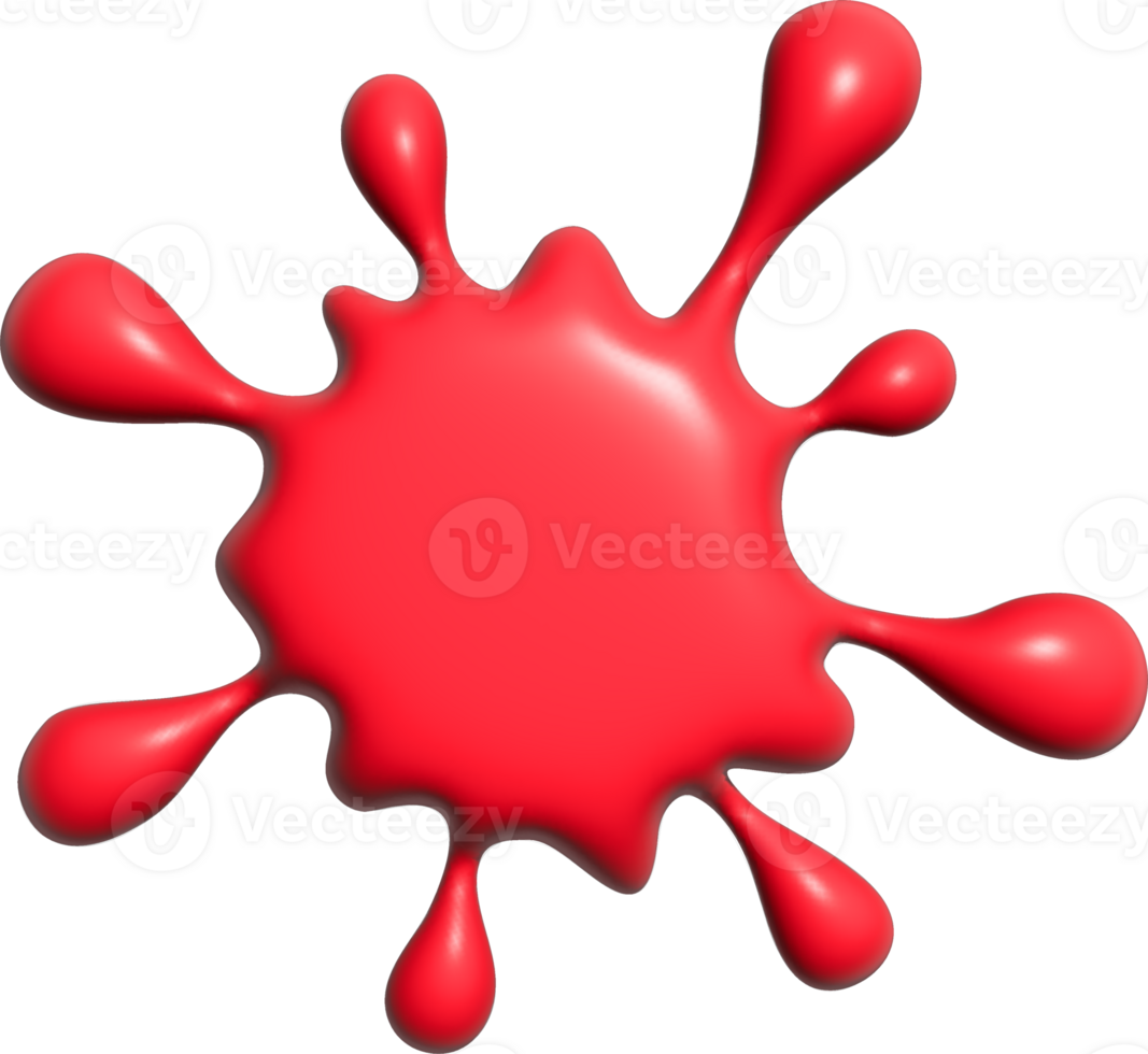 Splash of red paint. Color ink drop. Abstract slime blob illustration. Splat of blood graphic. Decorative 3D render cartoon element png
