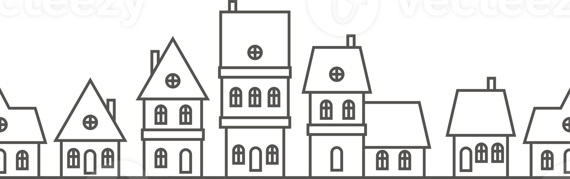 Christmas winter houses. Outline silhouette of neighborhood. Seamless border with skyline of cute buildings church and fur trees. Horizontal panorama with row of cozy homes png