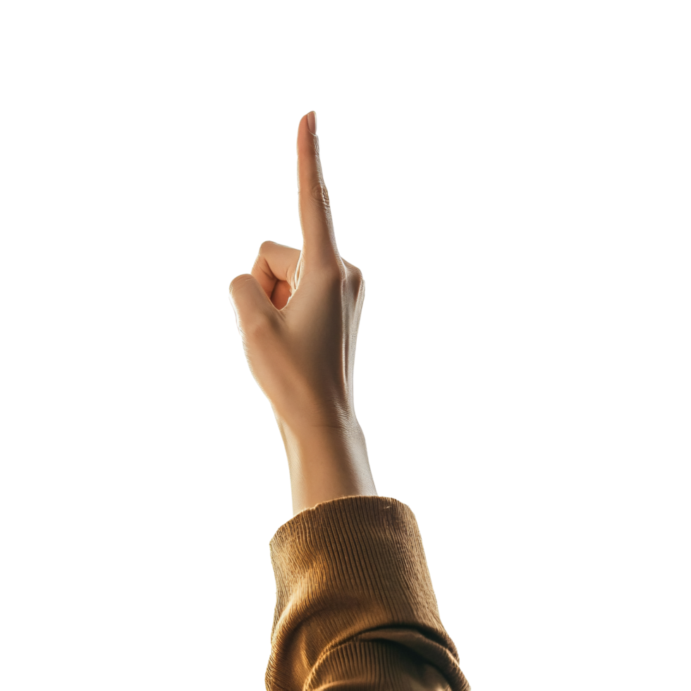 Back view of female hand pointing upward, showing gesture for direction or indication isolated on transparent background png