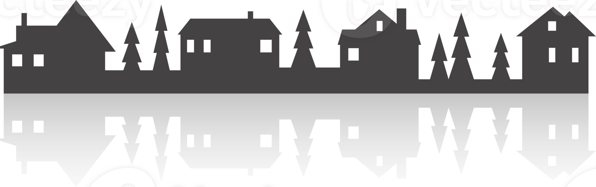 Town and village houses on skyline. Silhouette of small buildings in neighborhood. Christmas rural simple drawing. Winter country landscape with trees in night png