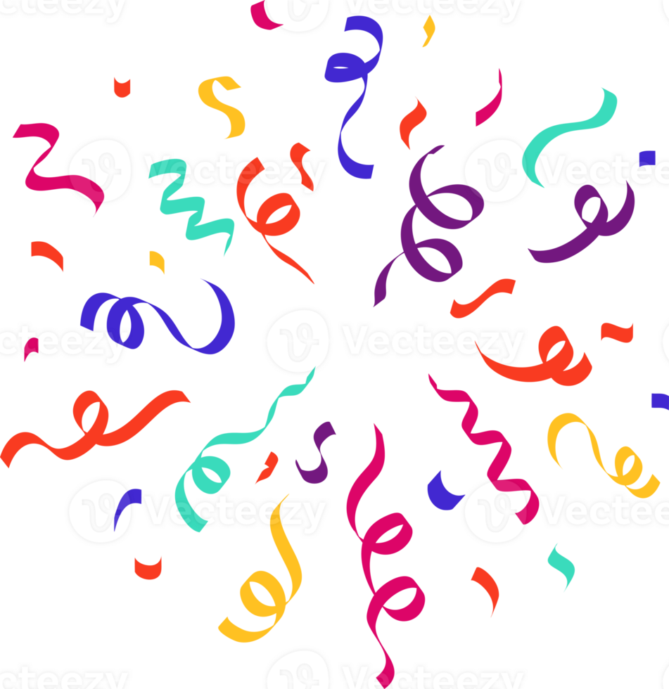 Confetti explosion. Colored elements for birthday party and carnival celebration. Falling serpentine and burst of firework for surprise and gift decoration. png