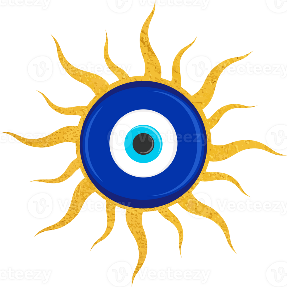 Evil eye blue Turkish symbol. Magic nazar bead. Greece and Turkish amulet esoteric design for luck and protection with golden frame. png
