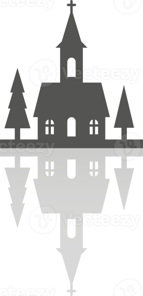 Christmas town and village silhouette. Church and trees with horizontal reflection png