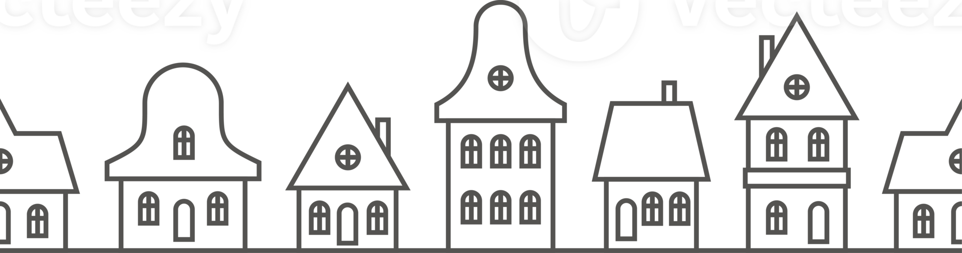 Christmas winter houses. Outline silhouette of neighborhood. Seamless border with skyline of cute buildings. Horizontal panorama with row of cozy homes png