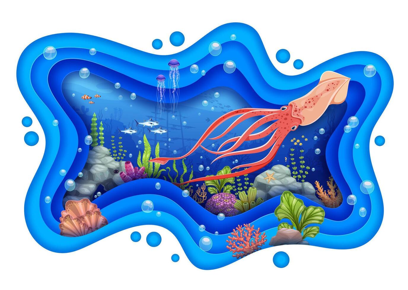 Paper cut underwater landscape with squid and fish vector