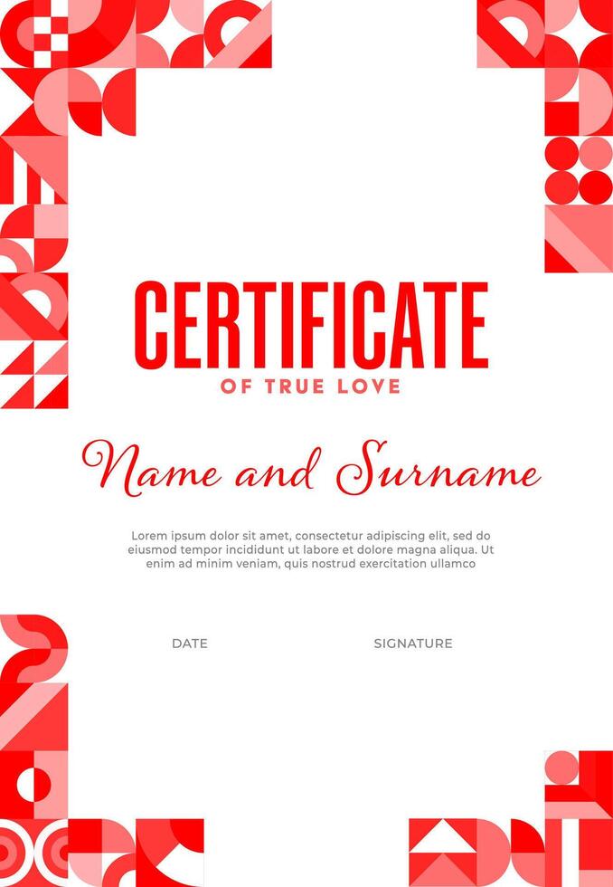 Certificate diploma with valentines day geometric shapes vector