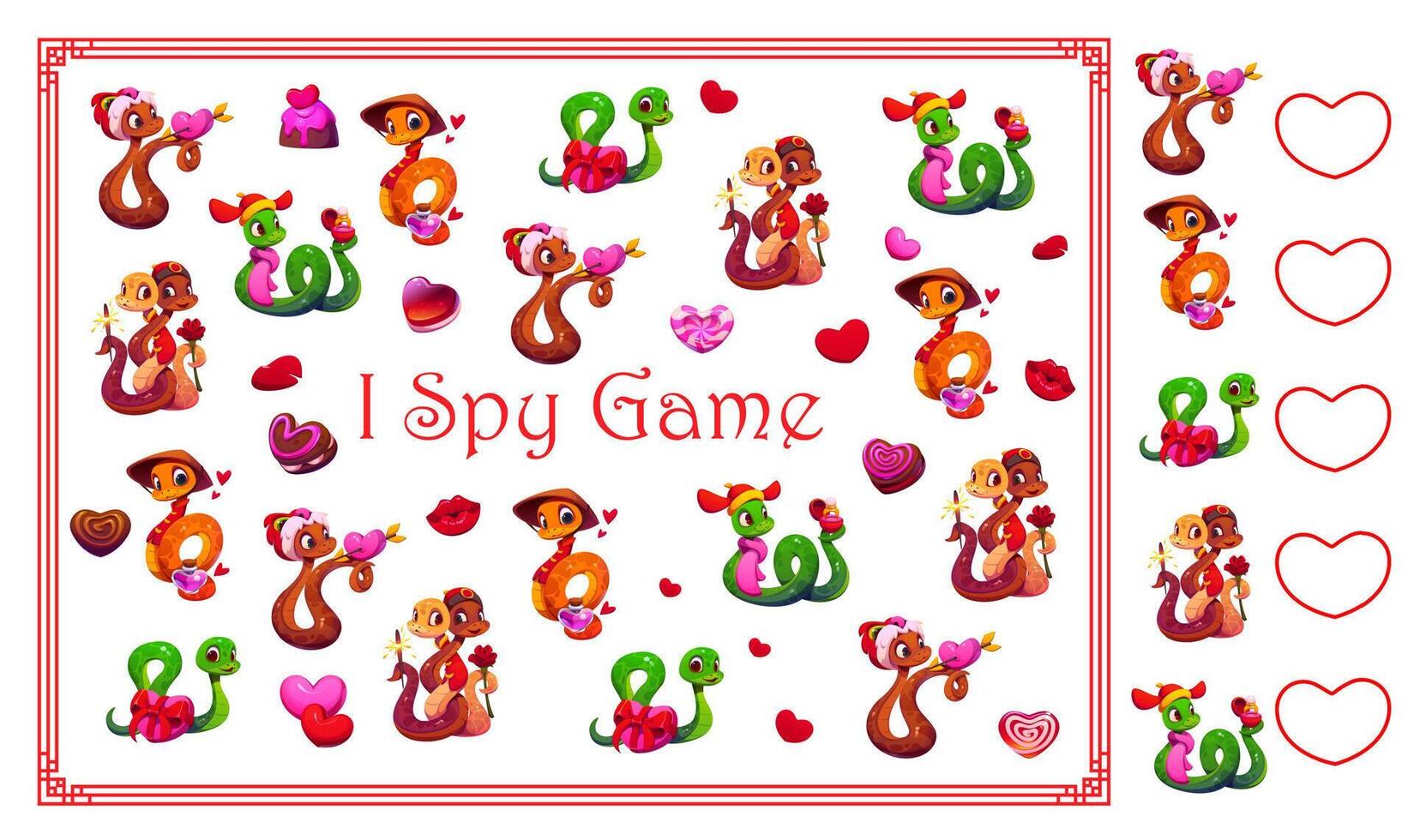 I spy game worksheet, Valentine day snakes, hearts vector