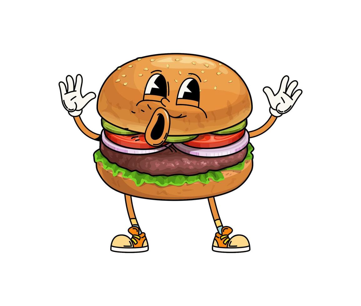 Groovy fast food burger isolated cartoon character vector