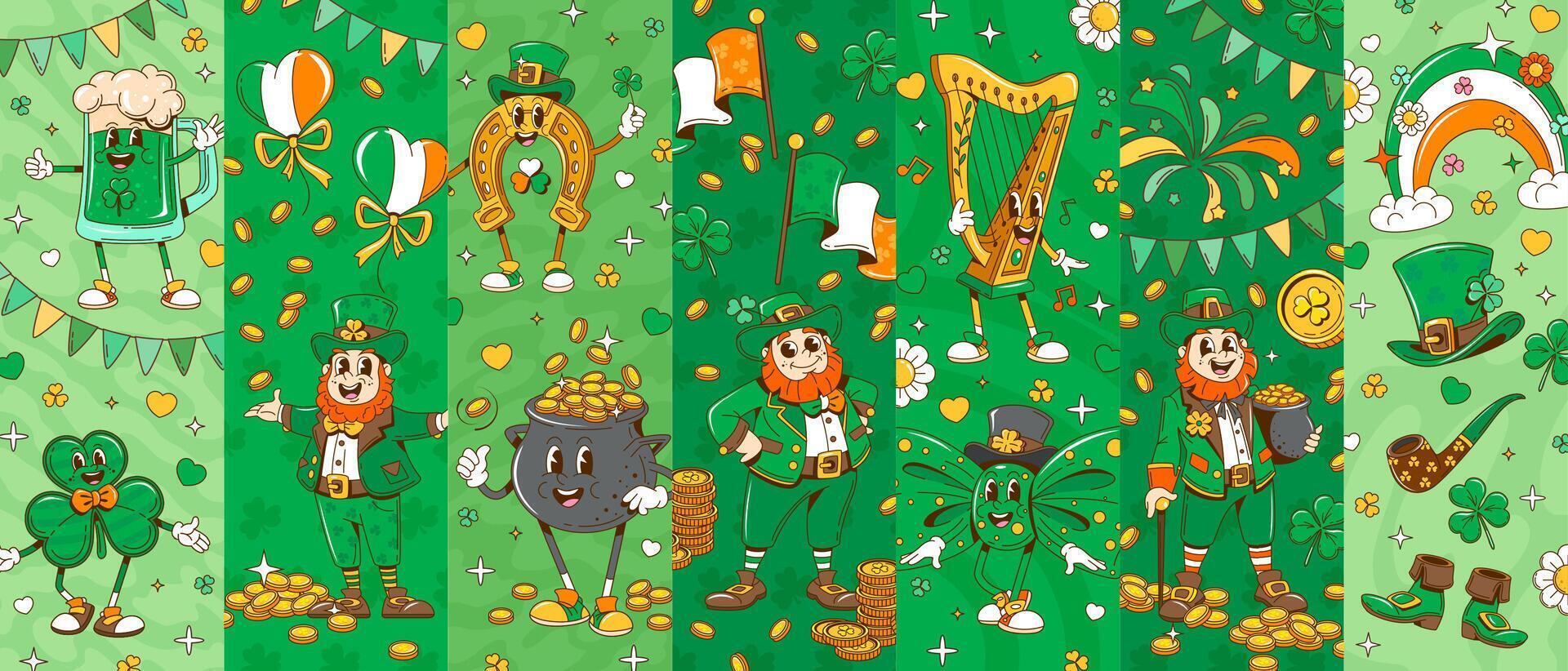 Cartoon groovy st Patrick day characters collage vector