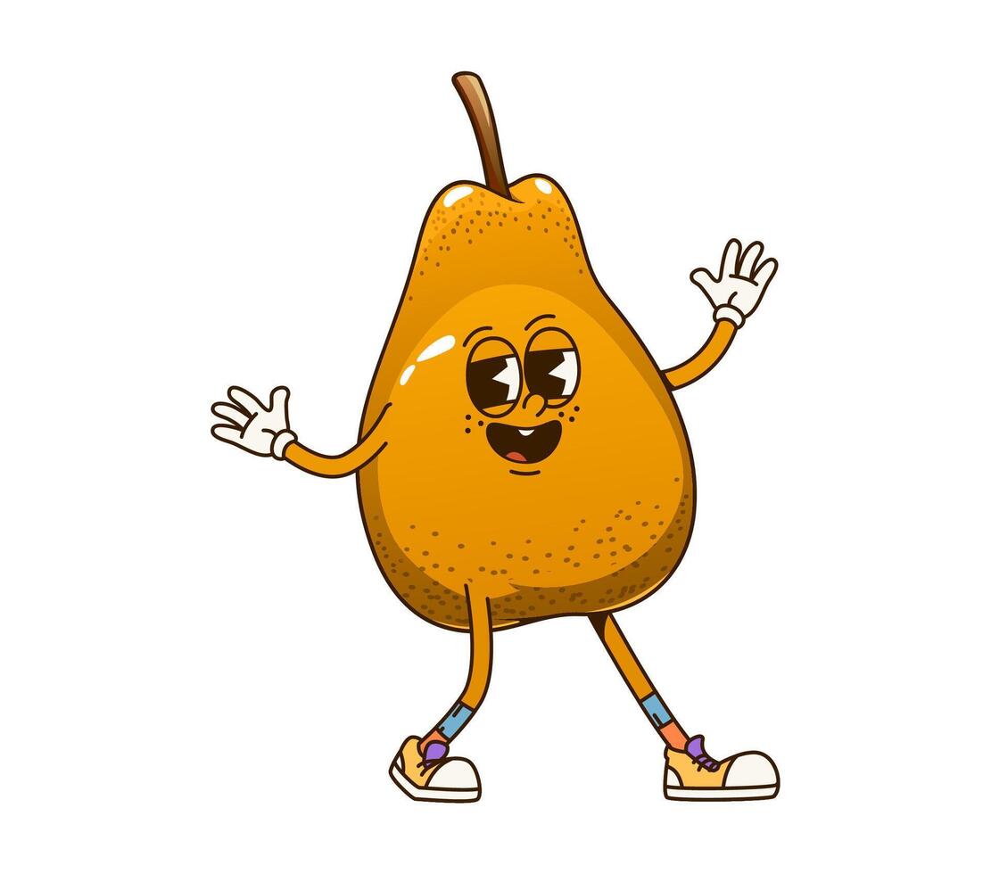 Groovy pear fruit, retro cartoon funny character vector