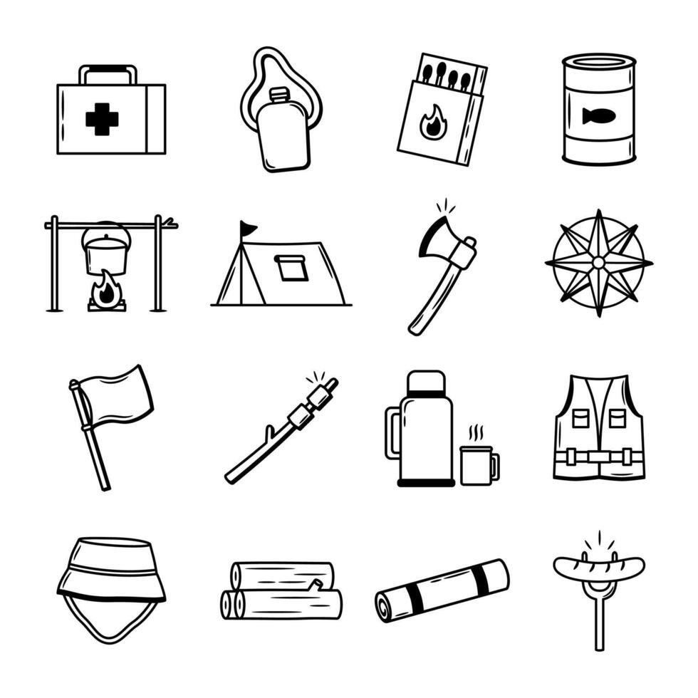 Collection Set of Camping Illustration Icons in Doodle Style, Collection of Hand Drawn Hiking Elements vector