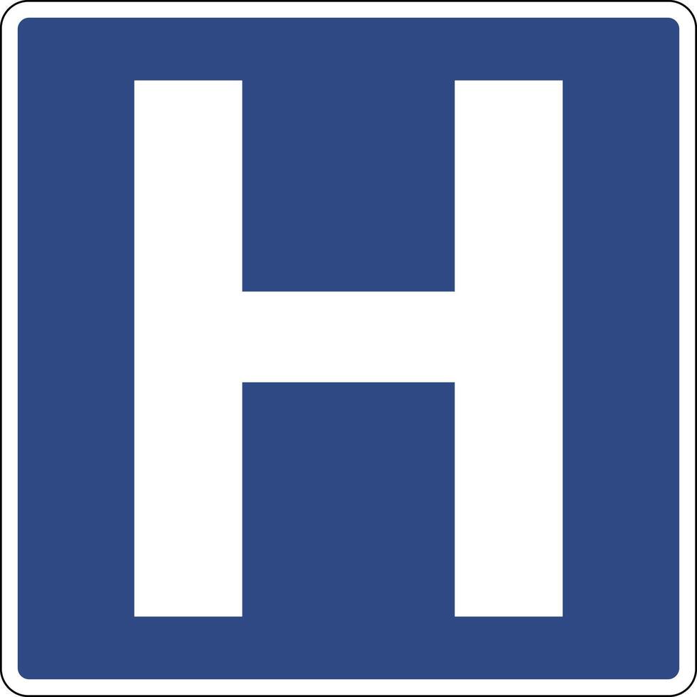 Road sign hospital. Information sign warns drivers about the presence of a nearby medical institution such as a hospital, clinic or first aid station. H symbol. vector