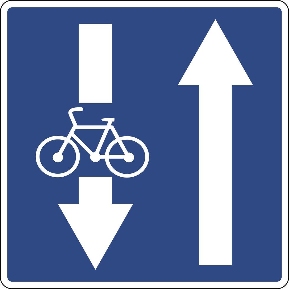 Road information sign road with oncoming bicycle lane. Warning drivers about the presence a lane for cyclists moving in the opposite direction relative to the general traffic flow. vector