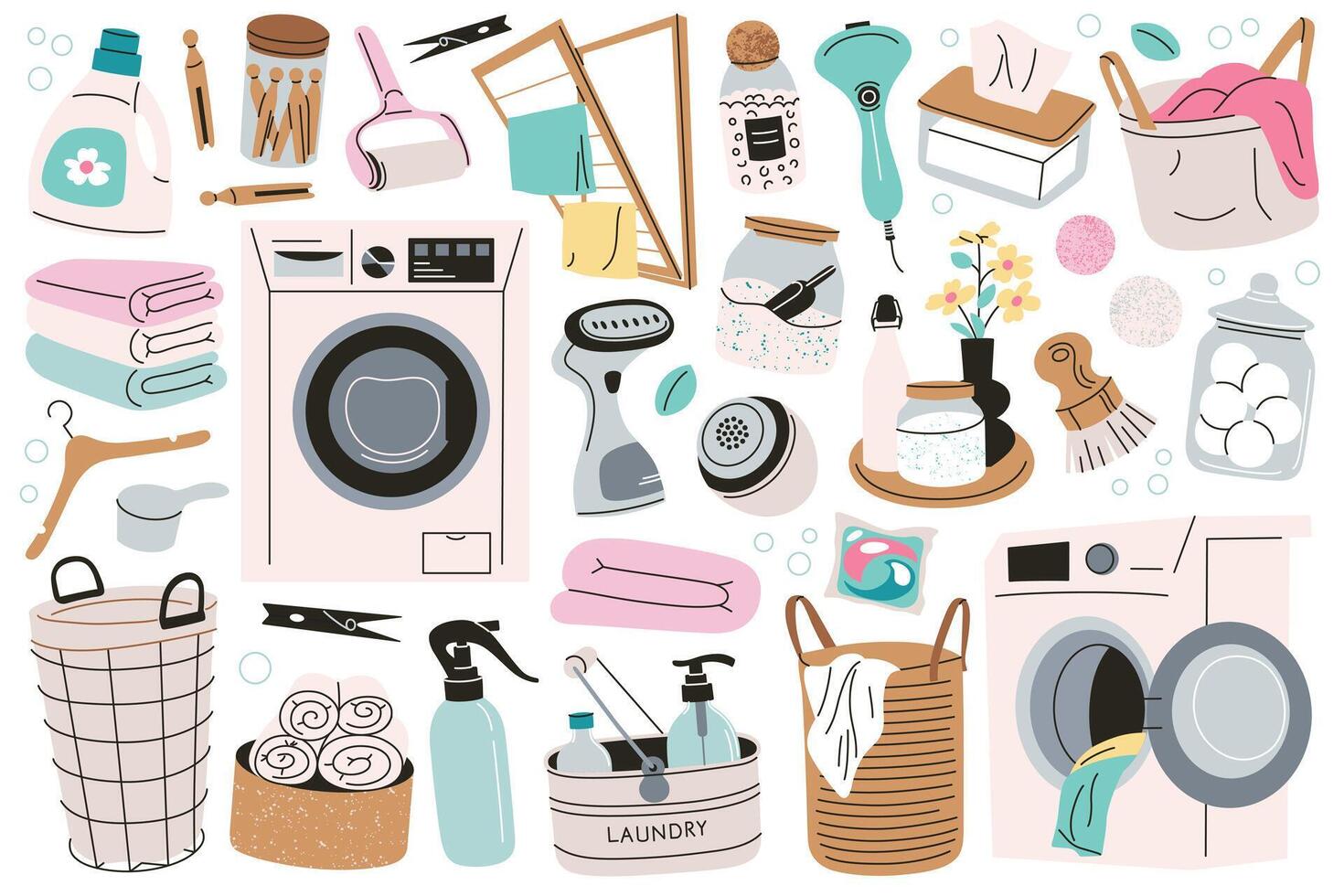 Laundry illustrations set, doodle collection of washing machines, detergents, clean towels, baskets, cleaning tools for home, household equipment and fabric care, storage orginization at home vector