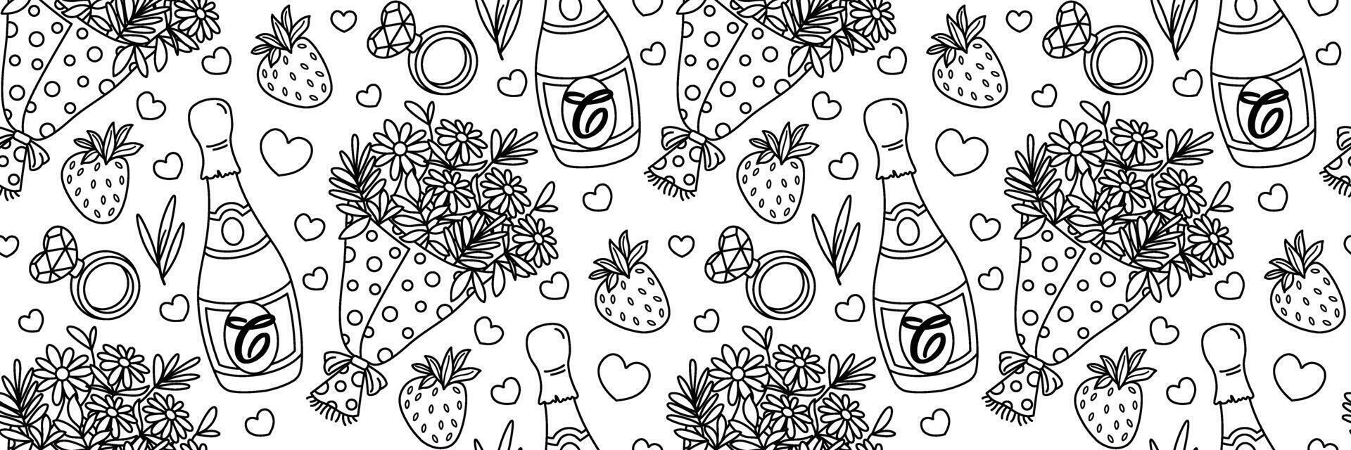 Champagne, bouquet of flowers and strawberry doodle pattern. Engagement ring with diamond heart shape. Romantic background for Valentine's Day. Wrapping outline illustration. vector
