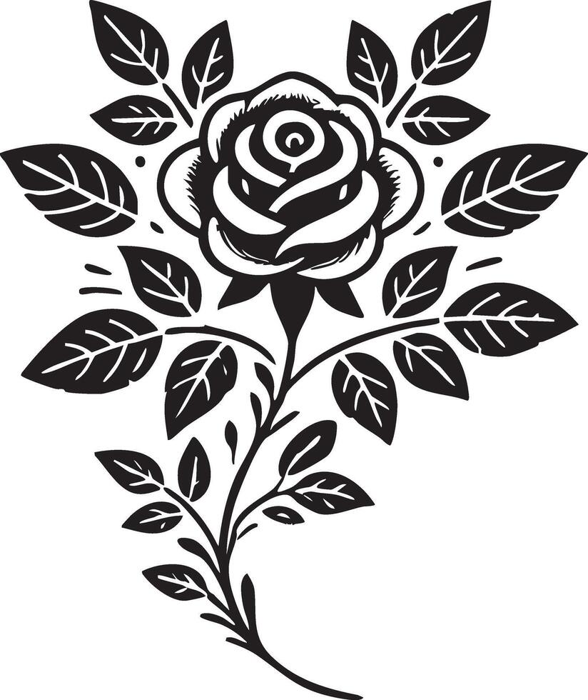 black and white rose with leaves vector