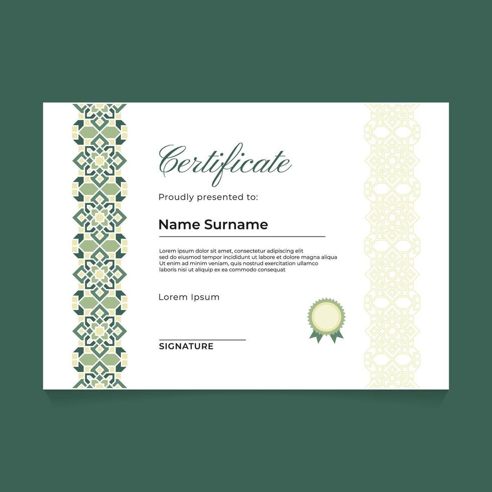 Certificate Template Design with Green Pastel Islamic Vertical Ornament vector