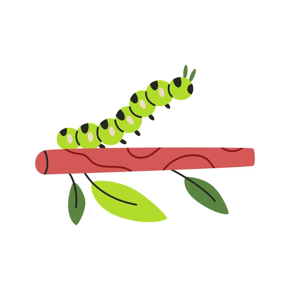 Green caterpillar insect on plant stick. Summer vermin and pest control. Flat illustration isolated on white background. vector
