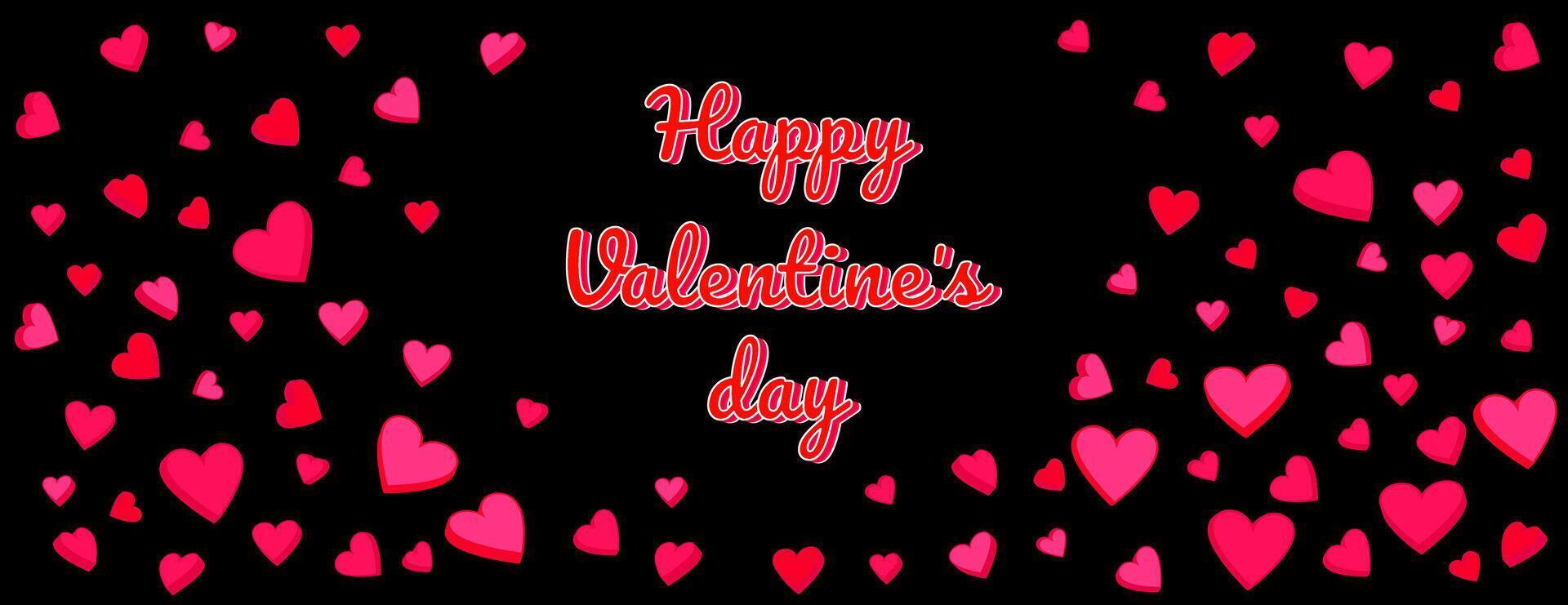 Striking Valentine Day background featuring layered pink and red hearts scattered on a black backdrop. Ideal for holiday-themed designs, banners, greeting cards, festive decorations. vector