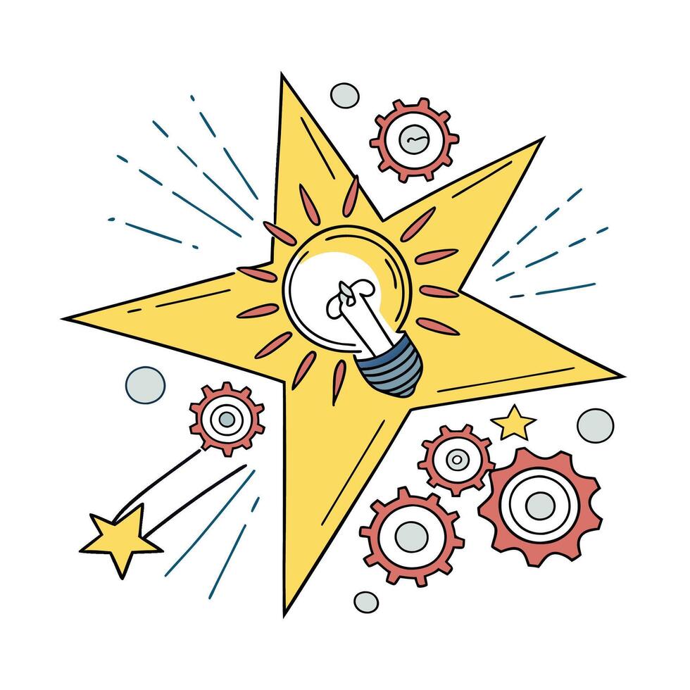 A glowing starburst with light rays forming innovation symbols. vector