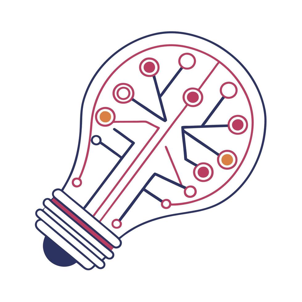 Abstract Circuit Board Icon A stylized circuit board with glowing nodes and flowing lines forming the shape of a light bulb vector
