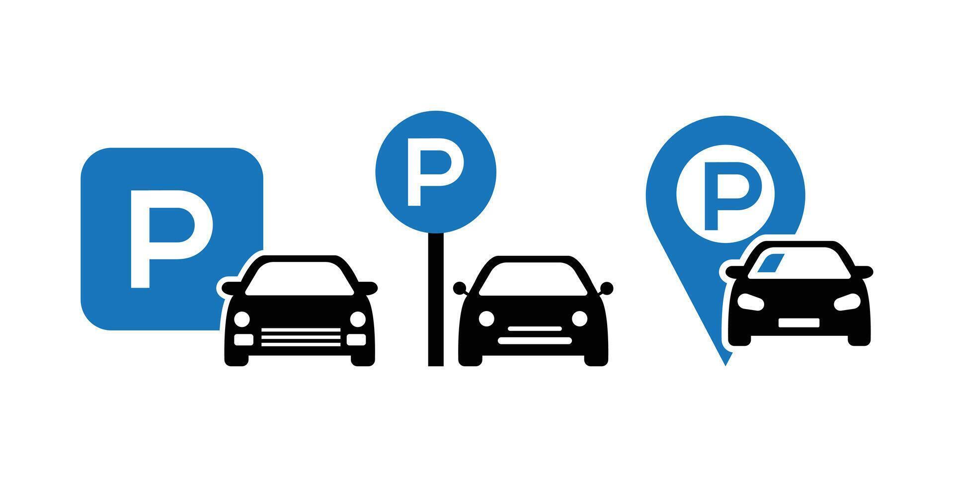 Car parking sign set. Flat style icon. Public parking space, location symbol. Information pictogram isolated on white background. vector