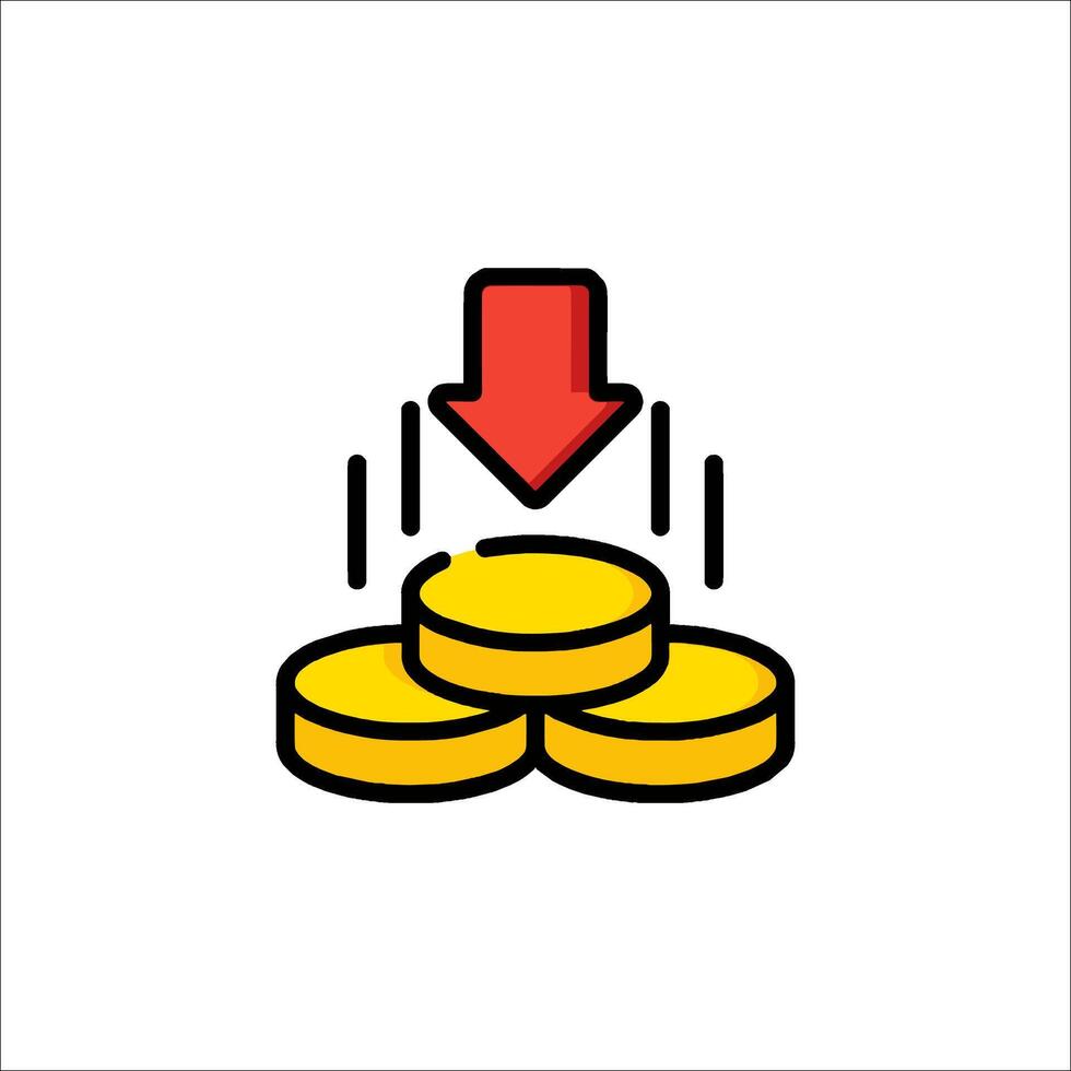 A red arrow pointing down on a pile of coins vector