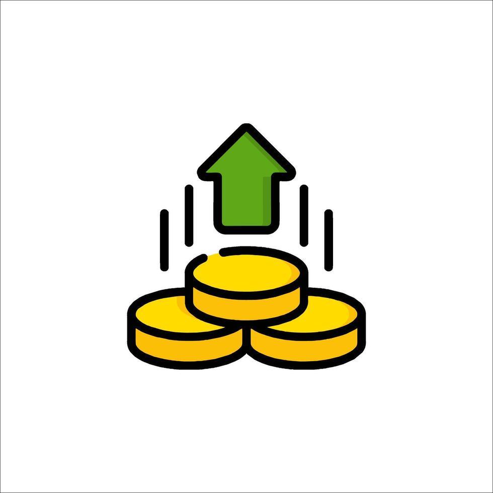 A green arrow is pointing up on a pile of coins vector
