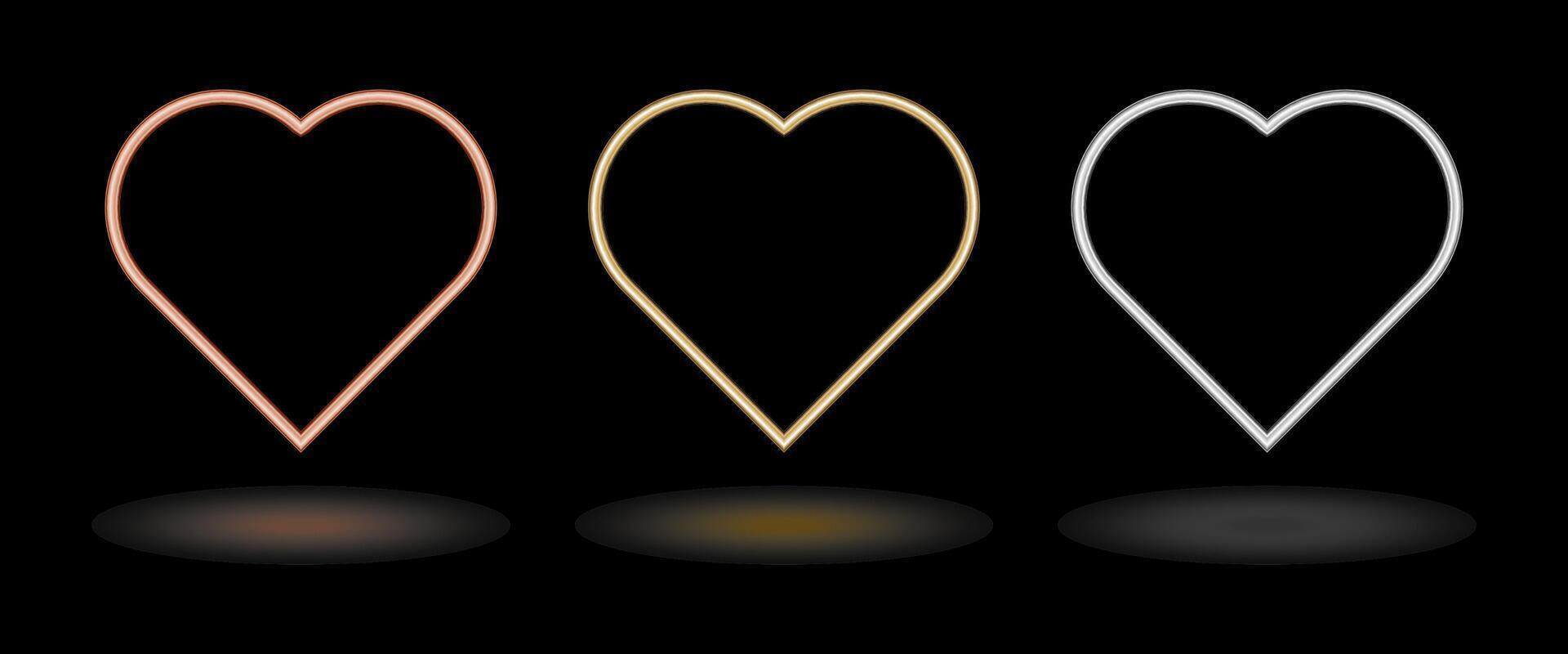 Shiny heart shaped metal tube frame. Luxury pink gold, gold and silver borders separated on black background. Shiny heart shape photo frame design elements set. vector