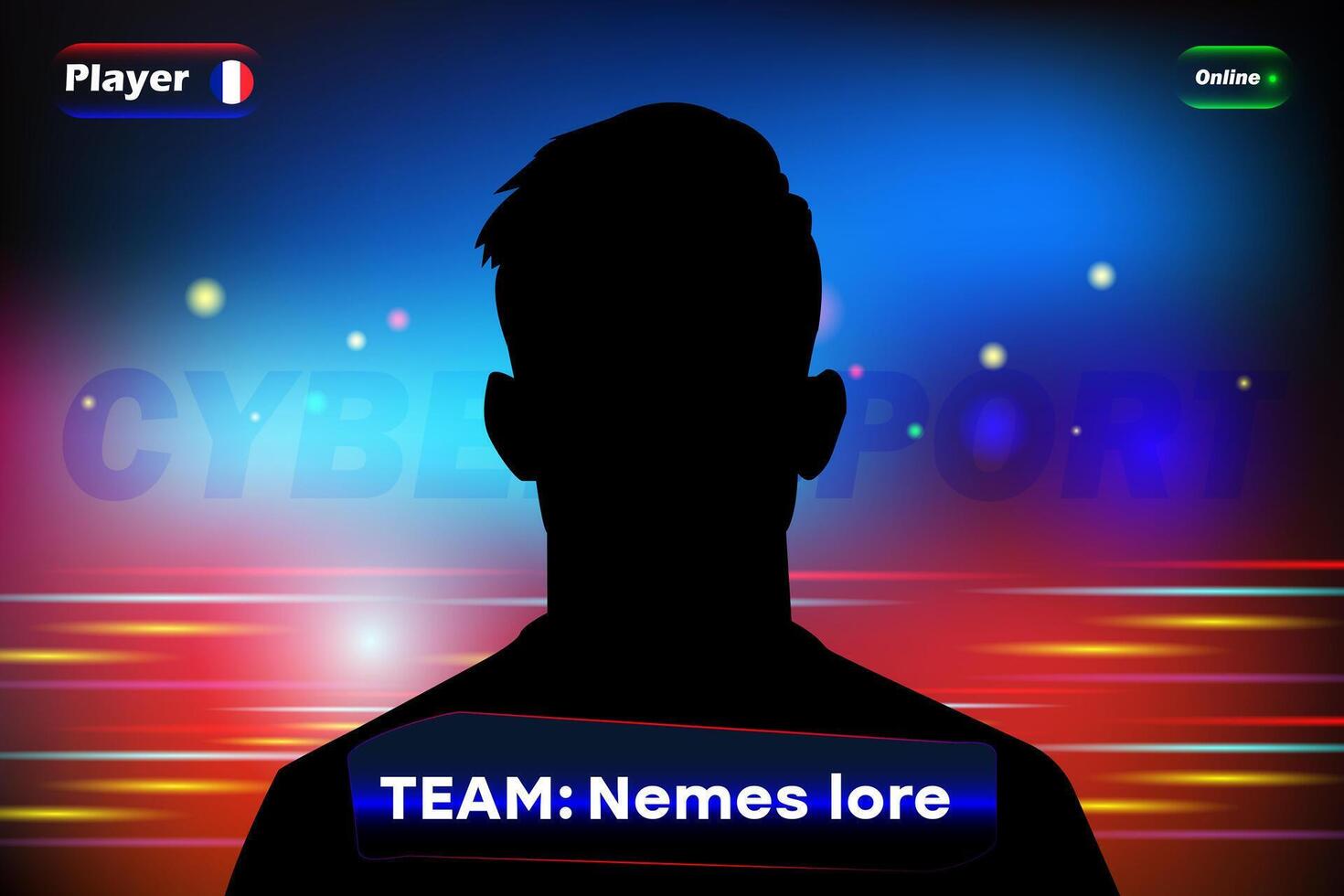 sports player silhouette with gradient background, team name, and online status. Digital design for gaming and branding vector