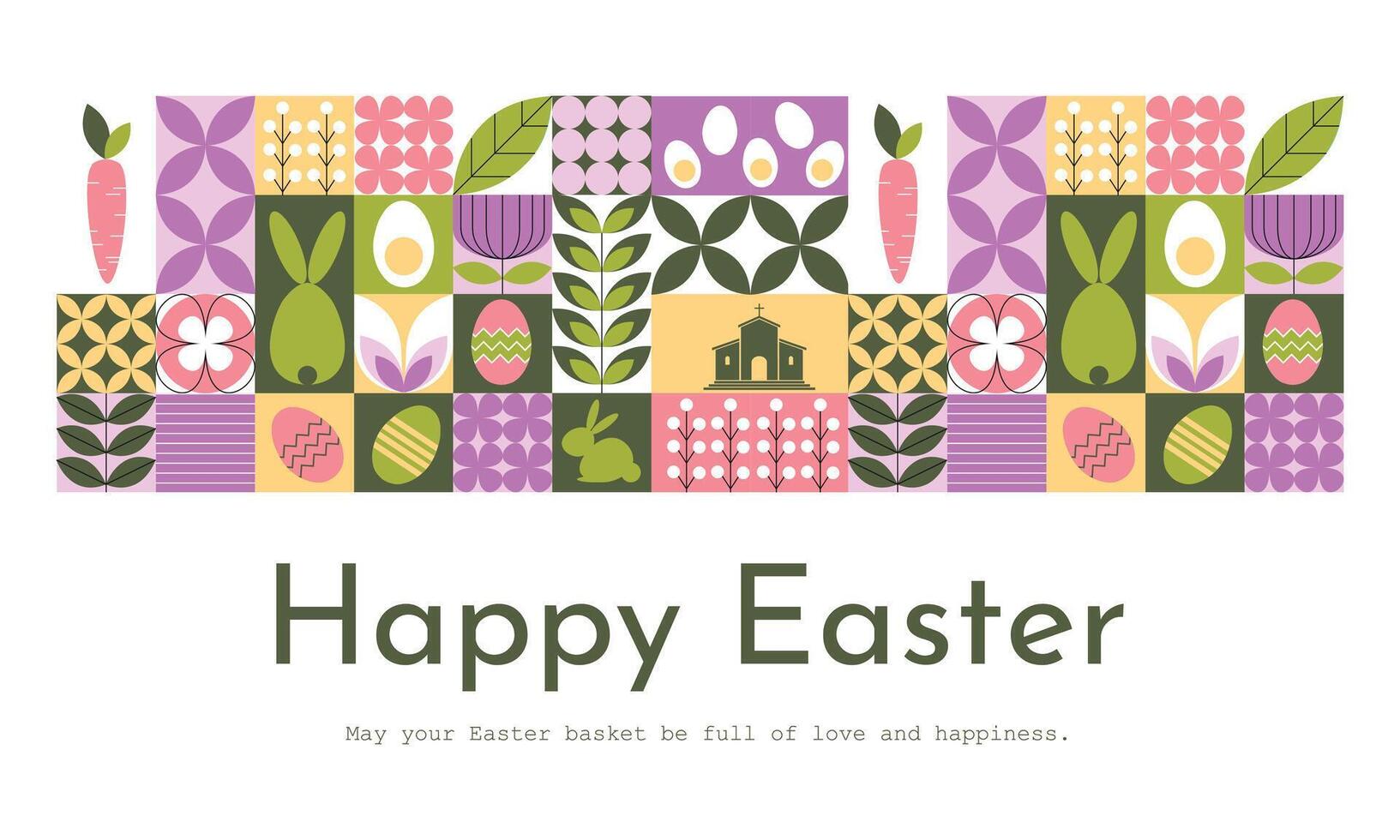Geometric horizontal Easter banner with traditional symbols - such as Easter bunny, Easter eggs, church. Modern minimalist Easter greeting card. illustration vector