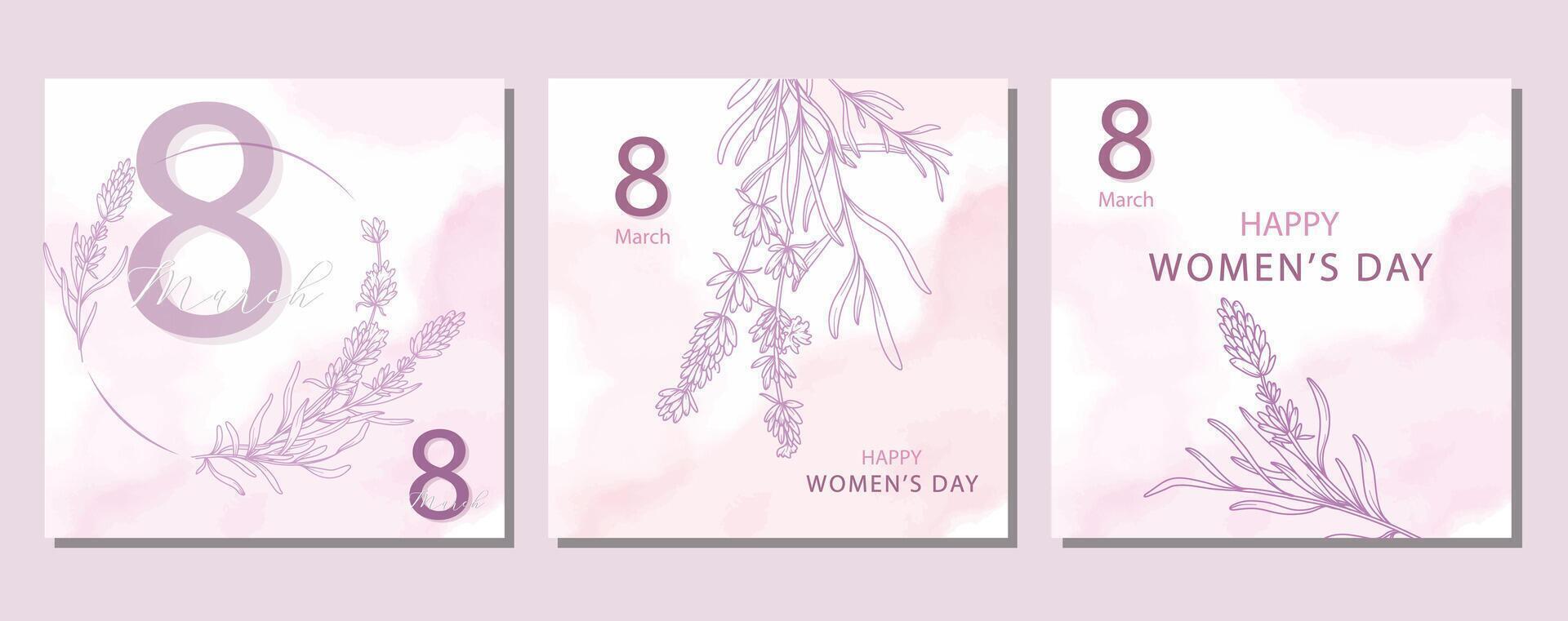 Womens Day Card. Set of Floral Posters for 8th March. Flower design Womens Day Greeting Cards. Women Day background Templates with Floral Line Art. vector