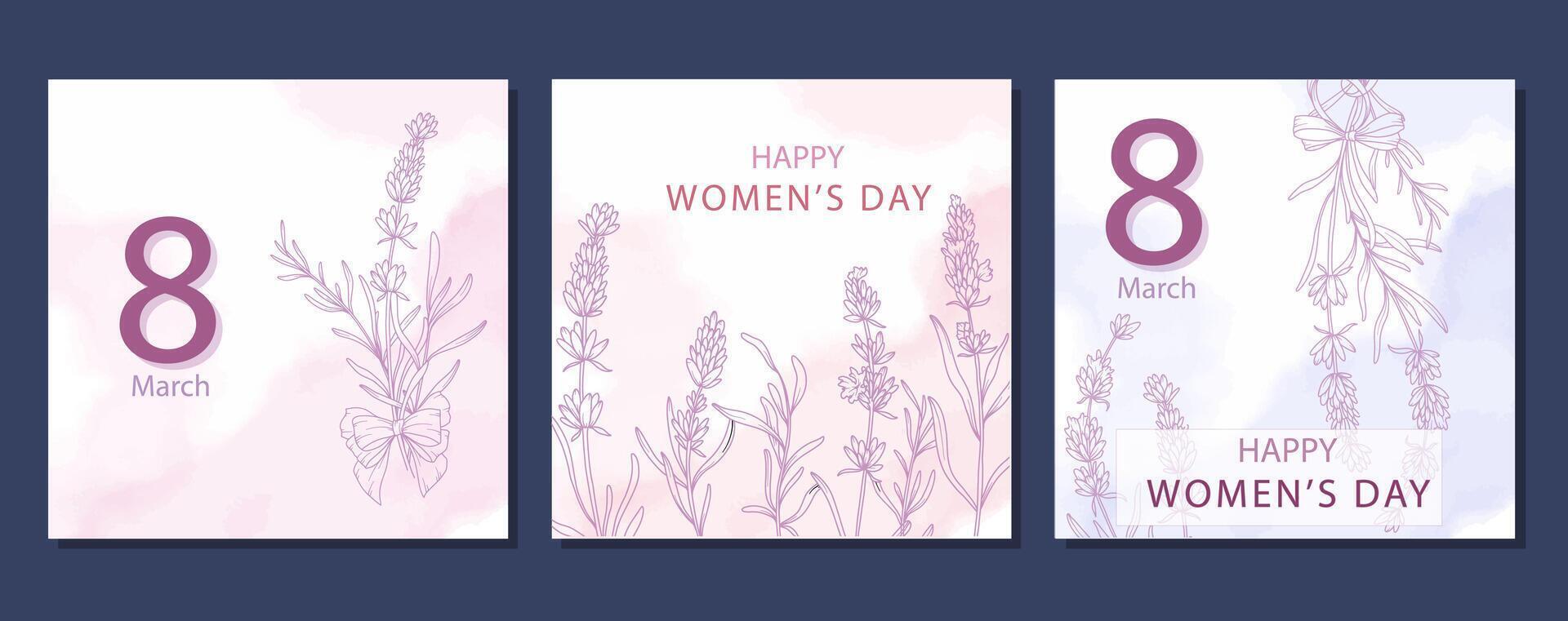 International Womens Day Card. Set of Floral Posters for 8th March. Flower design Womens Day Greeting Cards. Women Day background Templates with Floral Line Art. vector