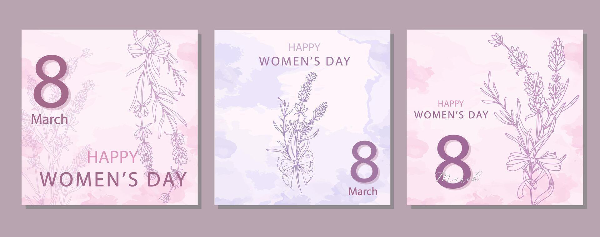 Womens Day Poster Collection. Set of Floral Posters for 8th March. Flower design Womens Day Greeting Cards. Women Day background Templates with Floral Line Art. vector