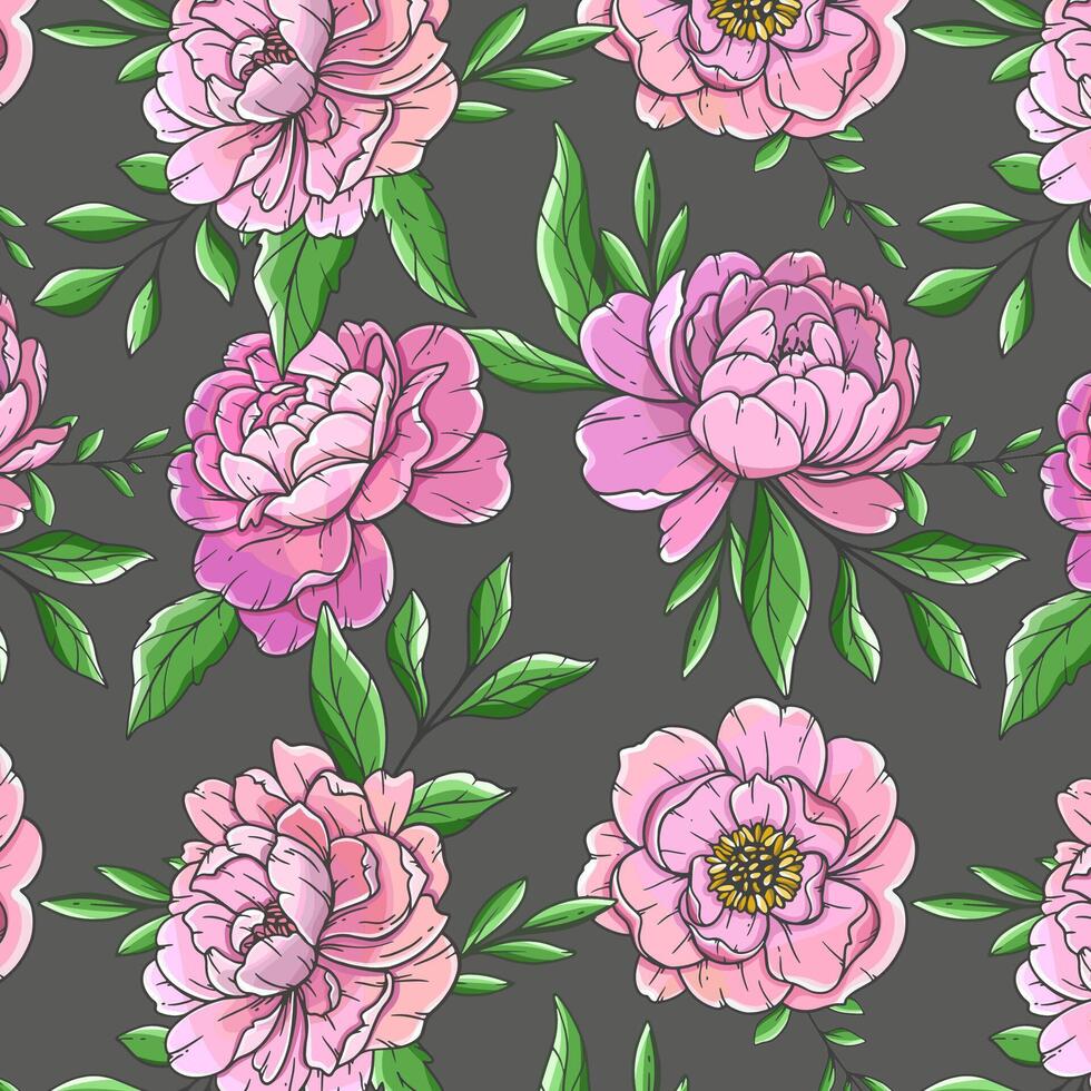 Peonies pattern on dark background. Peony pattern. Floral background with pink peonies. Spring Botanical Background for wallpapers, wall arts. wedding, wrapping paper, greeting cards vector