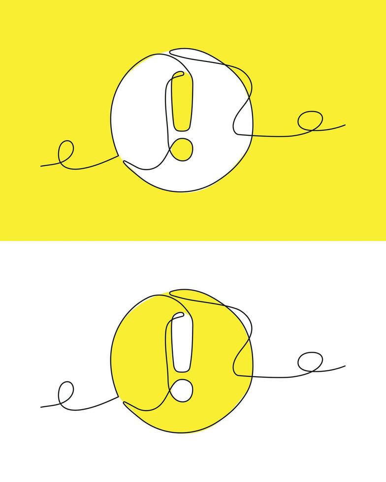 Exclamation mark in continuous line drawing style on white and yellow background. Line drawing of an exclamation mark in a circle. illustration. Attention abstract background vector