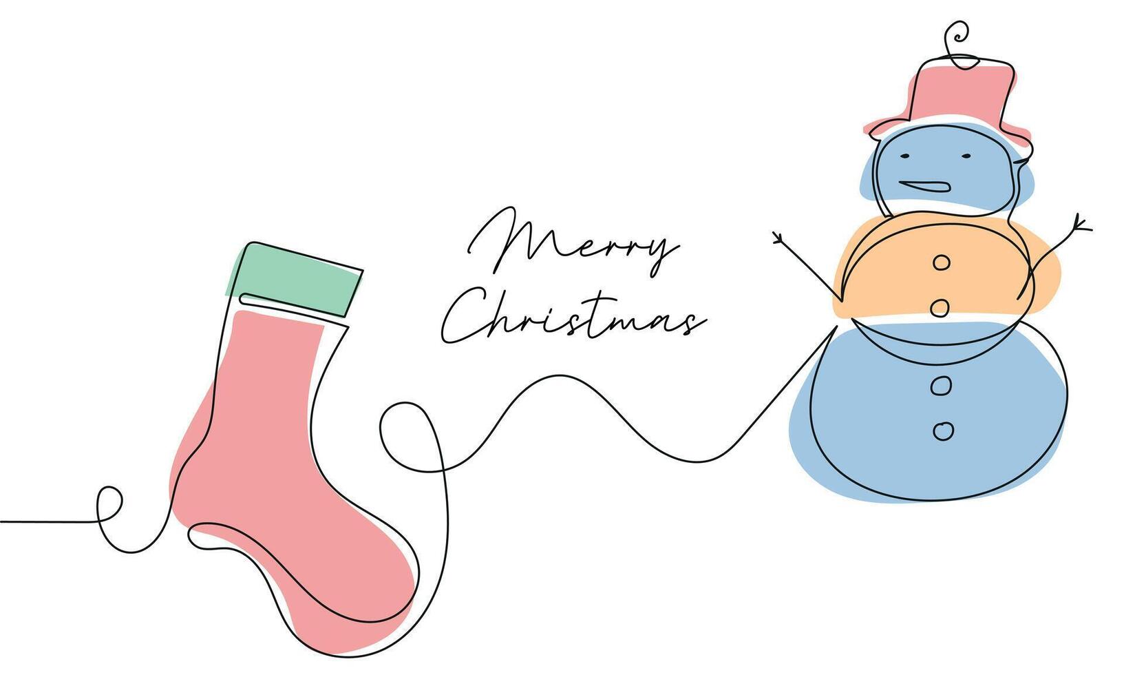 Continuous one simple single abstract line drawing of snowman and christmas sock icon illustration concept. vector
