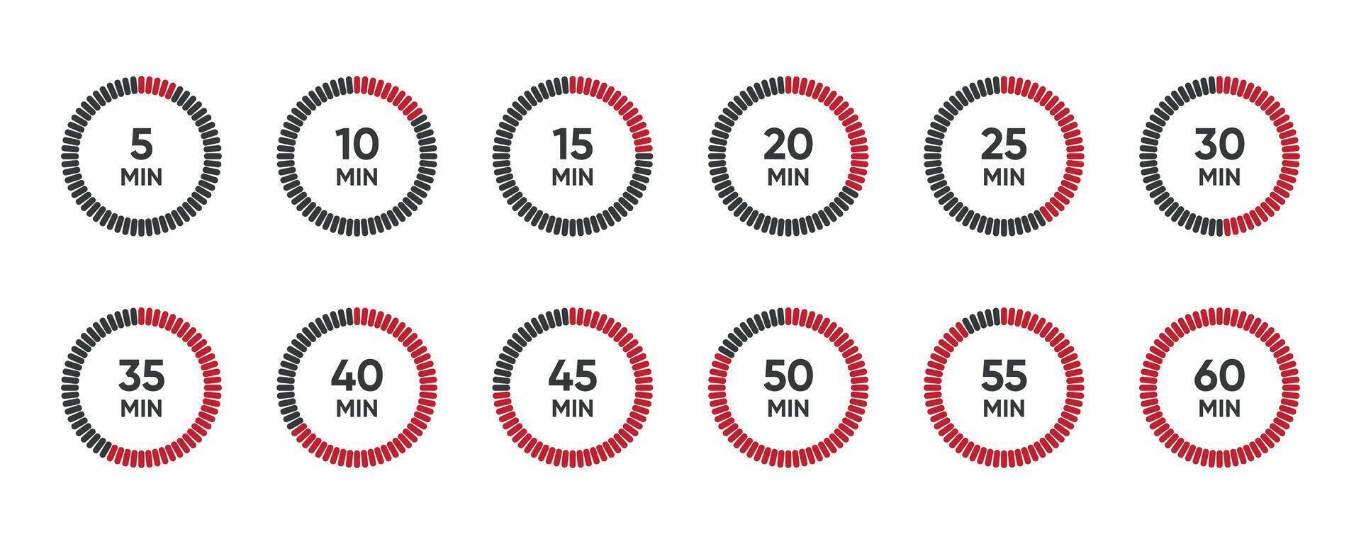 Set of timer. Countdown clock timer. Minutes counting collection. 5, 10, 15, 20, 25, 30, 35, 40, 50, 60 minutes illustration. vector